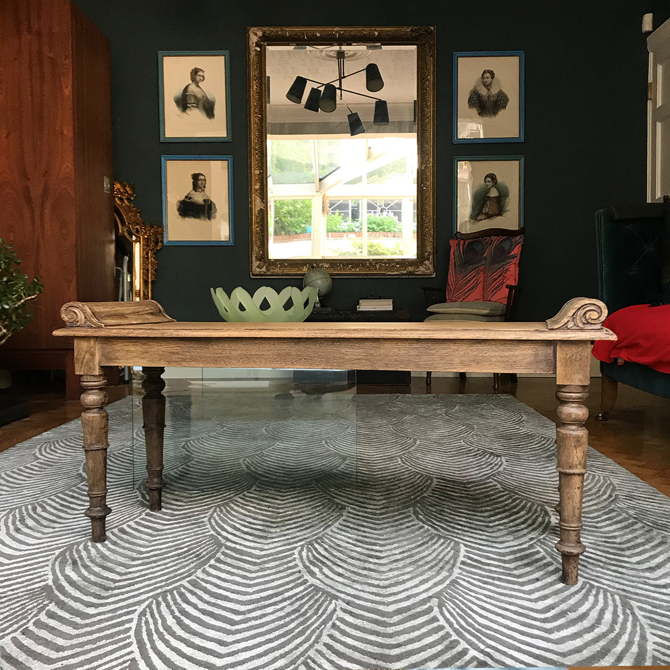 Scroll top window seat in oak. A practical and versatile size, perfect for the hallway, end of a double bed or in the bay of a window. Detailed scroll work to the top corners with good looking turned legs - SHOP NOW - www.intovintage.co.uk