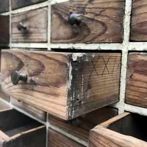 A nice bank of Edwardian Pine Work Drawers in original and untouched condition, lovely chipped paint and original patina. 32 drawers with small brass knobs to keep all of your Knicks & Knacks in - SHOP NOW - www.intovintage.co.uk