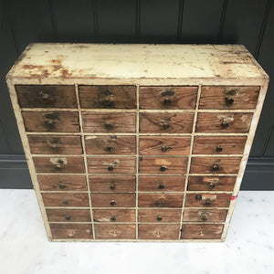 A nice bank of Edwardian Pine Work Drawers in original and untouched condition, lovely chipped paint and original patina. 32 drawers with small brass knobs to keep all of your Knicks & Knacks in - SHOP NOW - www.intovintage.co.uk