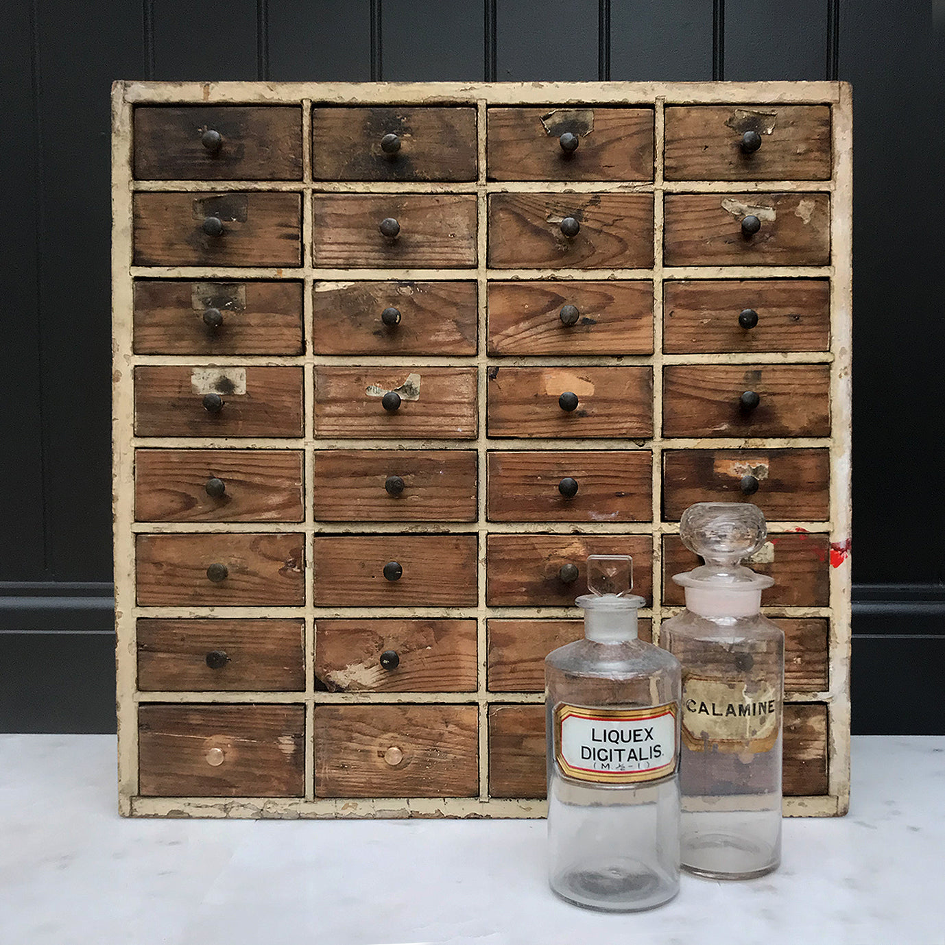A nice bank of Edwardian Pine Work Drawers in original and untouched condition, lovely chipped paint and original patina. 32 drawers with small brass knobs to keep all of your Knicks & Knacks in - SHOP NOW - www.intovintage.co.uk
