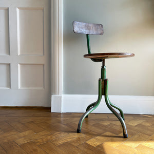 A practical Vintage Swivel Work Chair. Great age related wear to the legs where over the years someone's feet has worn away the green paint back to the bare metal. Great patina to the wooden seat with the green paint having just the right amount of ware and chips giving the chair that bang on look. - SHOP NOW - www.intovintage.co.uk