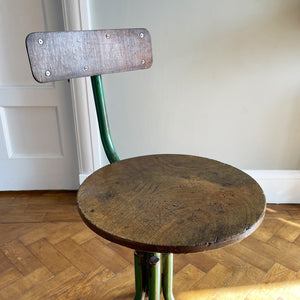 A practical Vintage Swivel Work Chair. Great age related wear to the legs where over the years someone's feet has worn away the green paint back to the bare metal. Great patina to the wooden seat with the green paint having just the right amount of ware and chips giving the chair that bang on look. - SHOP NOW - www.intovintage.co.uk