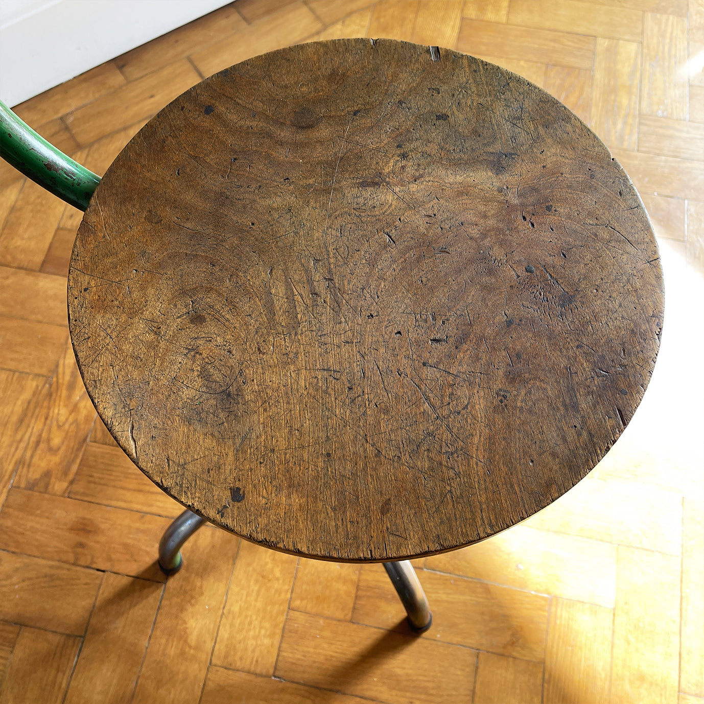 A practical Vintage Swivel Work Chair. Great age related wear to the legs where over the years someone's feet has worn away the green paint back to the bare metal. Great patina to the wooden seat with the green paint having just the right amount of ware and chips giving the chair that bang on look. - SHOP NOW - www.intovintage.co.uk