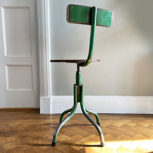 A practical Vintage Swivel Work Chair. Great age related wear to the legs where over the years someone's feet has worn away the green paint back to the bare metal. Great patina to the wooden seat with the green paint having just the right amount of ware and chips giving the chair that bang on look. - SHOP NOW - www.intovintage.co.uk