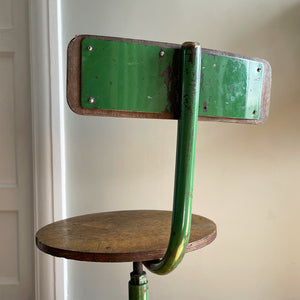 A practical Vintage Swivel Work Chair. Great age related wear to the legs where over the years someone's feet has worn away the green paint back to the bare metal. Great patina to the wooden seat with the green paint having just the right amount of ware and chips giving the chair that bang on look. - SHOP NOW - www.intovintage.co.uk