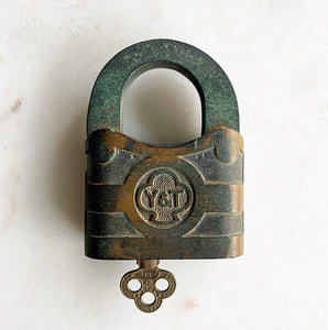 A large vintage Yale Brass Padlock with a wonderful verdigris finish to the brass. Very solid with a satisfying clunk when locked. Fully working with original key - SHOP NOW - www.intovintage.co.uk