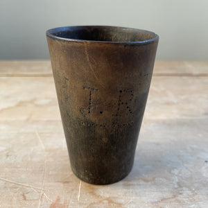 A collection of Six 18th Century Horn Drinking Vessels with two having the dotted inscriptions of 'J.R'. The largest cup has two inscriptions, font and back. There are four lager cups with two shot sized cups - SHOP NOW - www.intovintage.co.uk