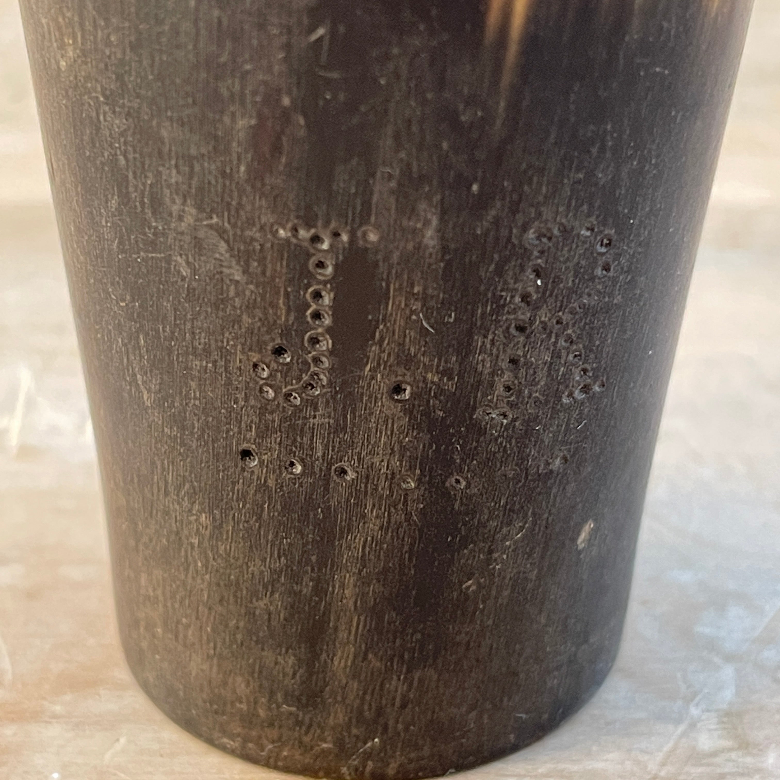 A collection of Six 18th Century Horn Drinking Vessels with two having the dotted inscriptions of 'J.R'. The largest cup has two inscriptions, font and back. There are four lager cups with two shot sized cups - SHOP NOW - www.intovintage.co.uk