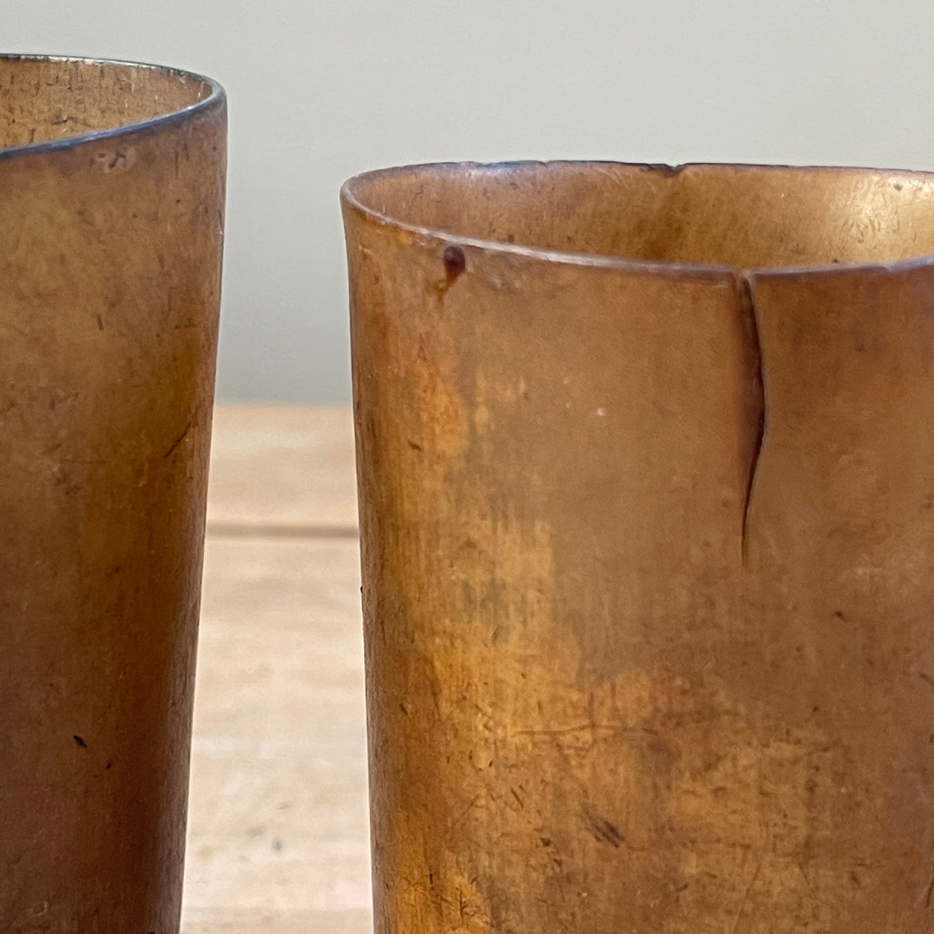 A collection of Six 18th Century Horn Drinking Vessels with two having the dotted inscriptions of 'J.R'. The largest cup has two inscriptions, font and back. There are four lager cups with two shot sized cups - SHOP NOW - www.intovintage.co.uk