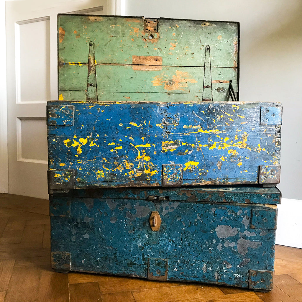 Fantastic Vintage with a wonderful blue distressed painted surface. Sturdy construction with mortice and tenon joints to the corners, it has a latch and two grab handles on the sides. With its fantastic patina this trunk would look fab juxtaposed against a modern clean interior - SHOP NOW - www.intovintage.co.uk