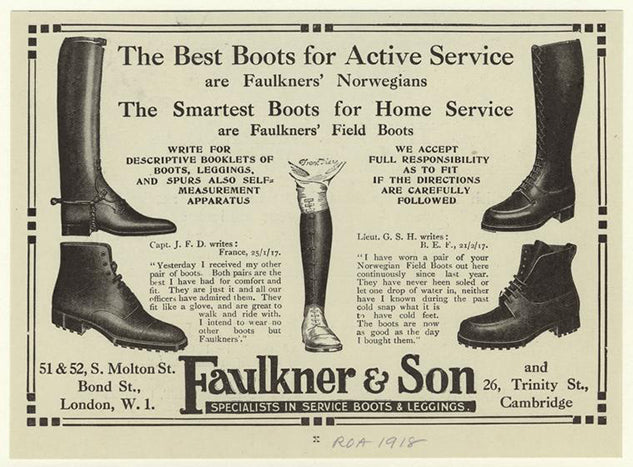 Pair of Antique British Army Officers Cavalry Boots in wonderful condition. Finished in brown leather with laces to the bottom section of the boot and leather soles. Each boot has its original wooden stave with the Faulkner & Son makers mark and topped off with a sturdy brass pull ring - SHOP NOW - www.intovintage.co.uk